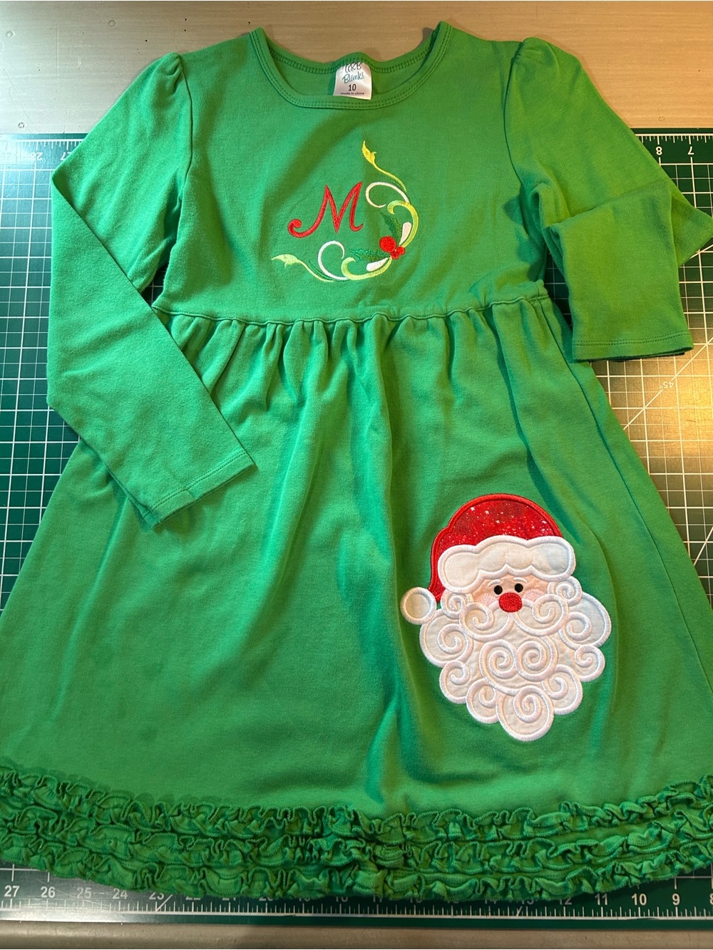 Girls' Green Holiday Santa Appliqué Dress with Monogram Accent